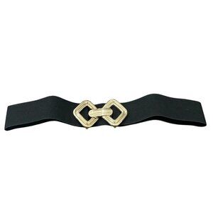 Womens Wide Elastic Polyester Fiber Black Belt Small Gold Trendy